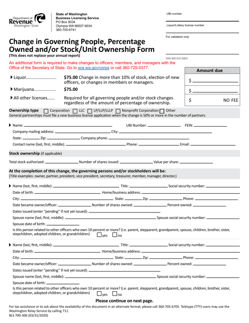 Form BLS700-306 Change in Governing People, Percentage Owned and/or Stock/Unit Ownership Form - Washington