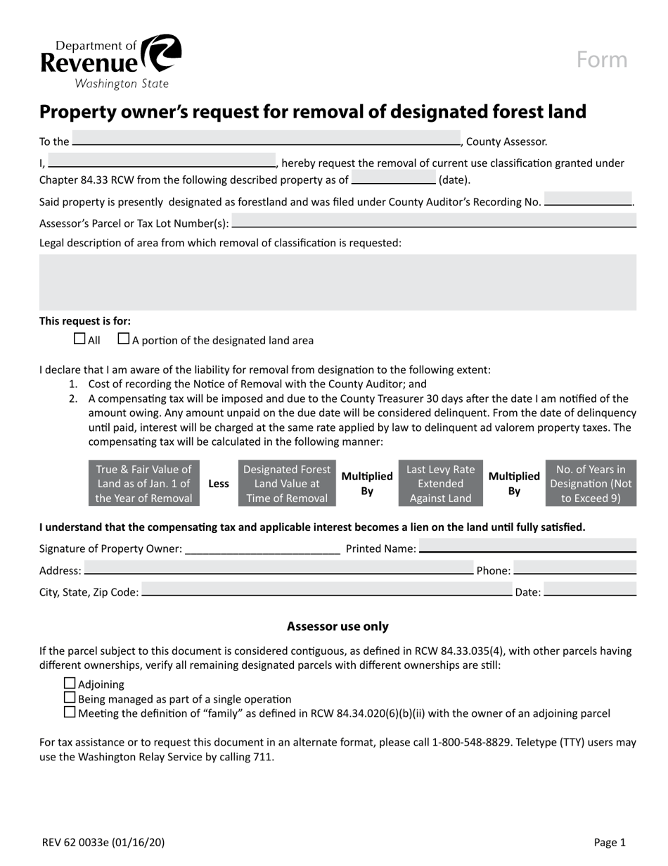 Form REV62 0033E Property Owner's Request for Removal of Designated Forest Land - Washington, Page 1