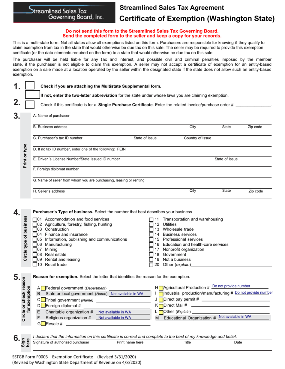 SSTGB Form F0003 Certificate of Exemption (Washington State) - Washington, Page 1