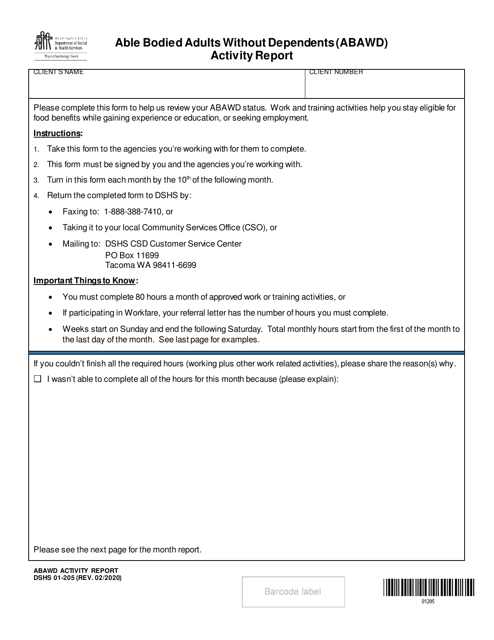 DSHS Form 01-205 Basic Food Workfare Activity Report - Washington