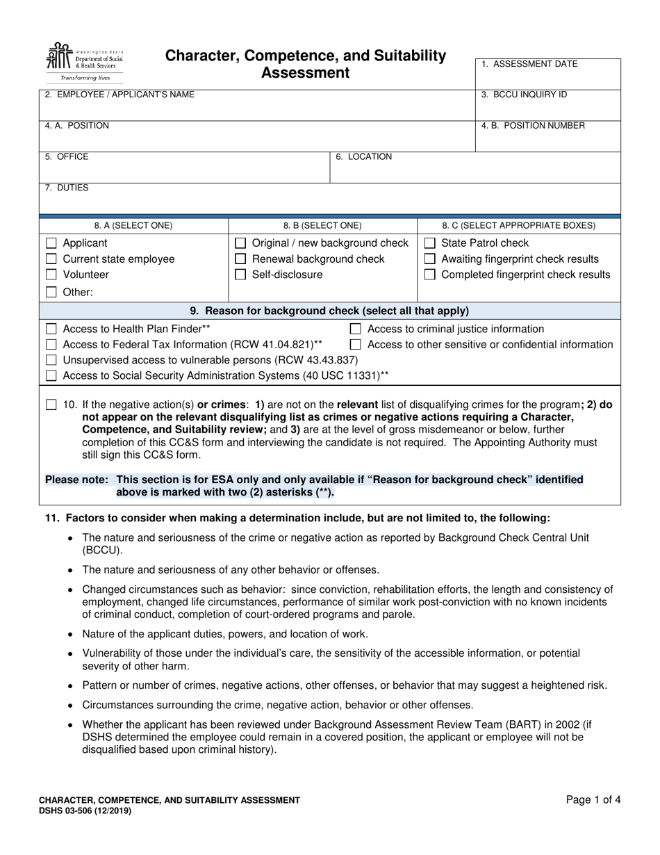DSHS Form 03-506 Character, Competence, and Suitability Assessment - Washington, Page 1