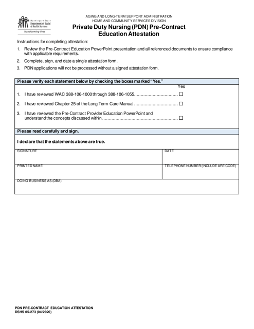 DSHS Form 05-273 Private Duty Nursing (Pdn) Pre-contract Education Attestation - Washington