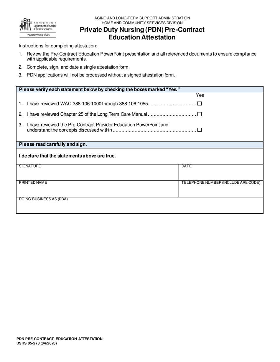 DSHS Form 05-273 Private Duty Nursing (Pdn) Pre-contract Education Attestation - Washington, Page 1