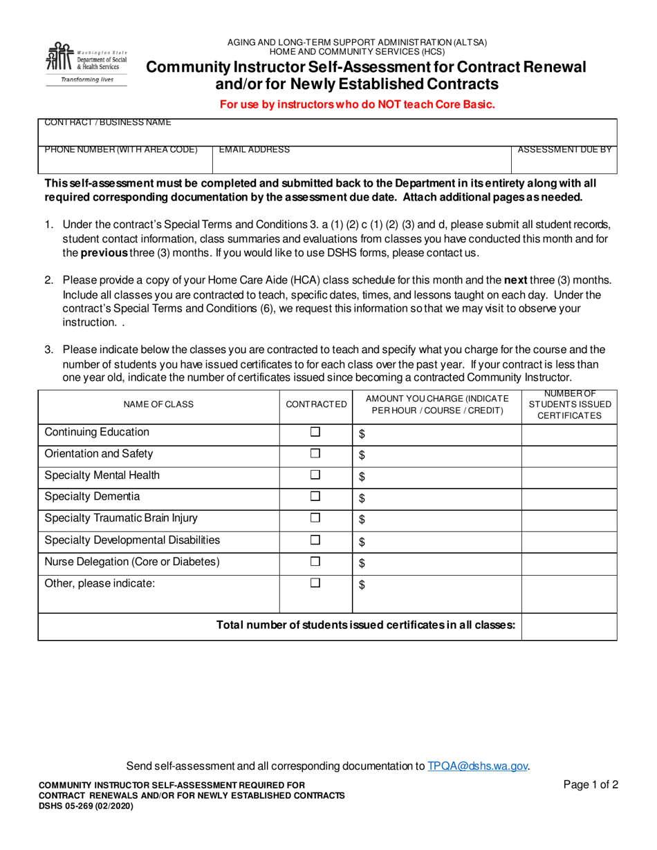 DSHS Form 05-269 Community Instructor Self-assessment for Contract Renewal and / or for Newly Established Contracts - Washington, Page 1