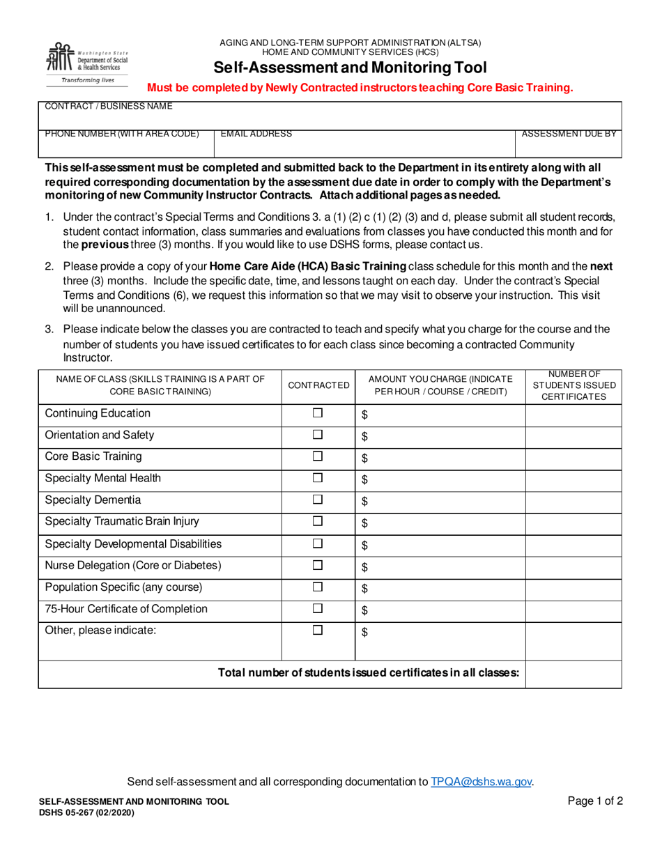 DSHS Form 05-267 Self-assessment and Monitoring Tool - Washington, Page 1