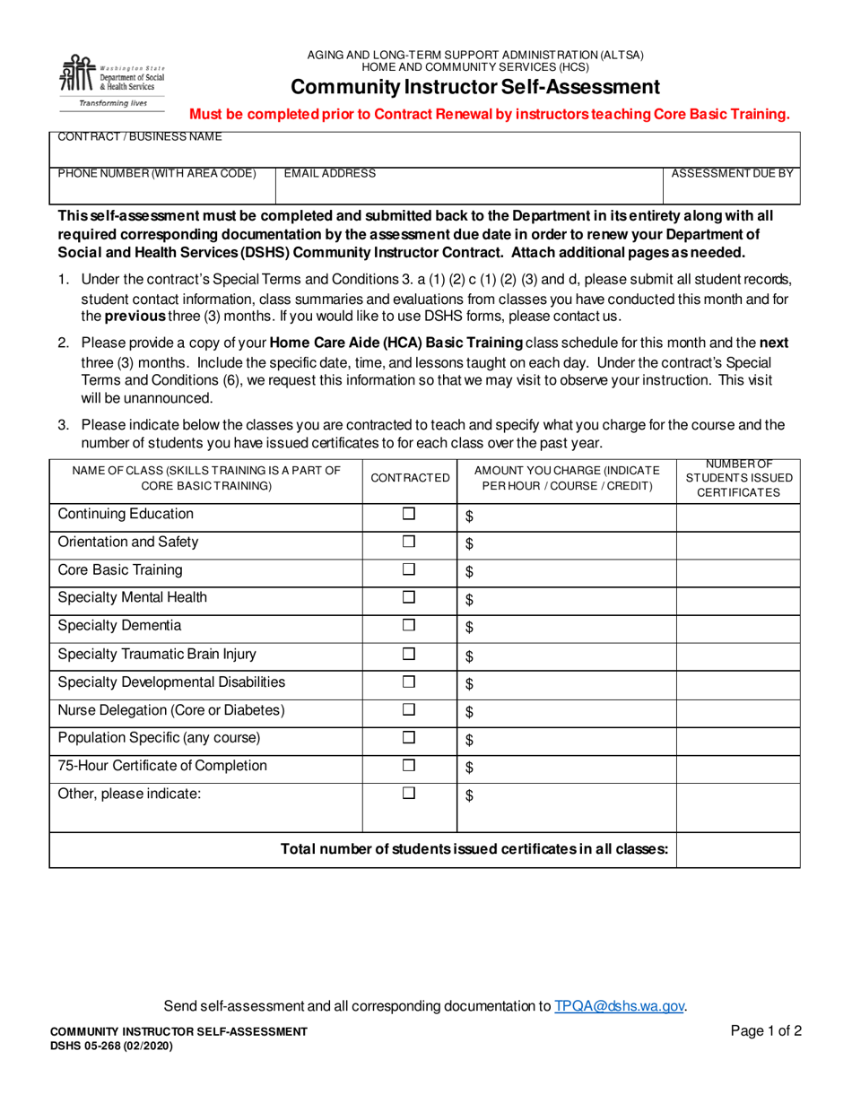 DSHS Form 05-268 Community Instructor Self-assessment - Washington, Page 1