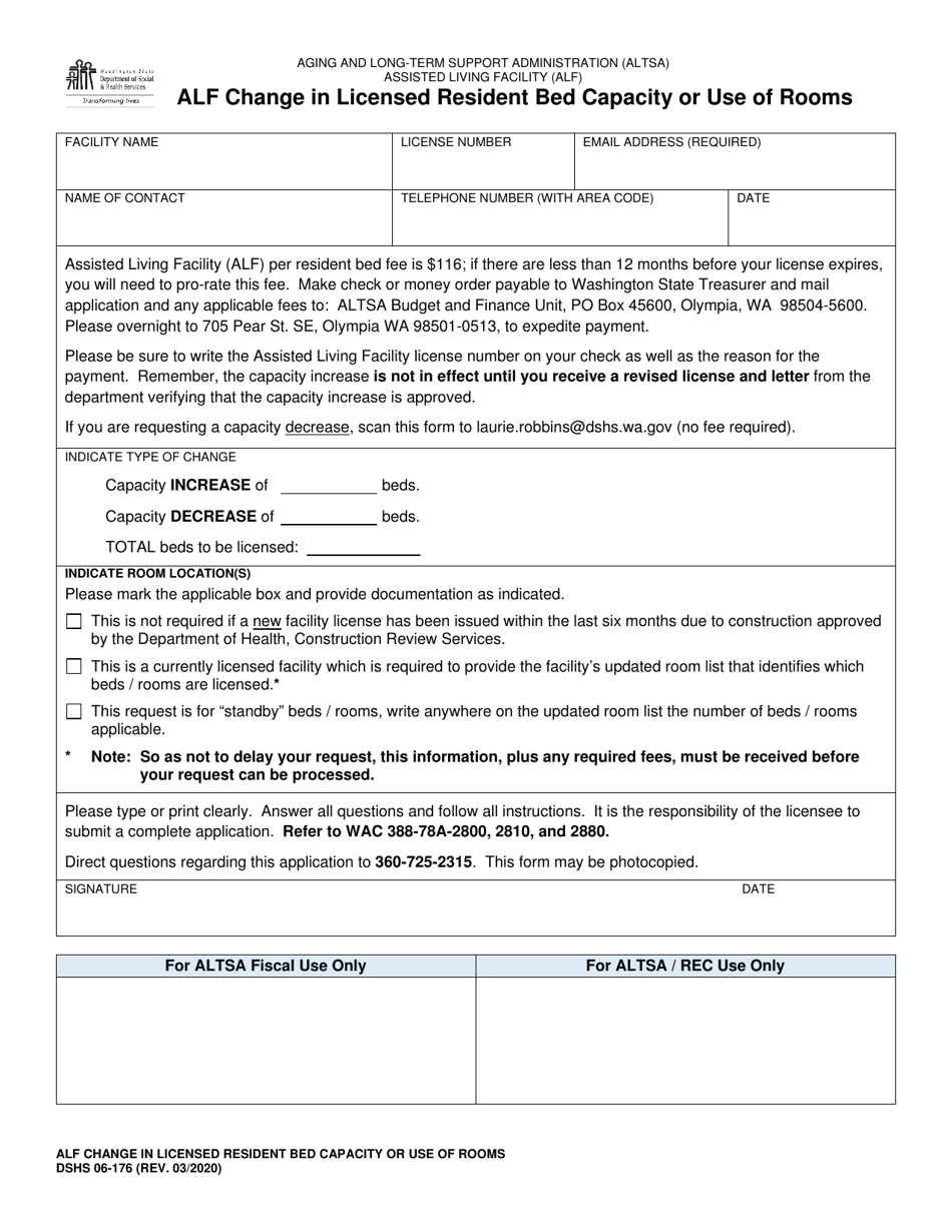 DSHS Form 06-176 Adult Living Facility (Alf) Change in Licensed Resident Bed Capacity or Use of Rooms - Washington, Page 1