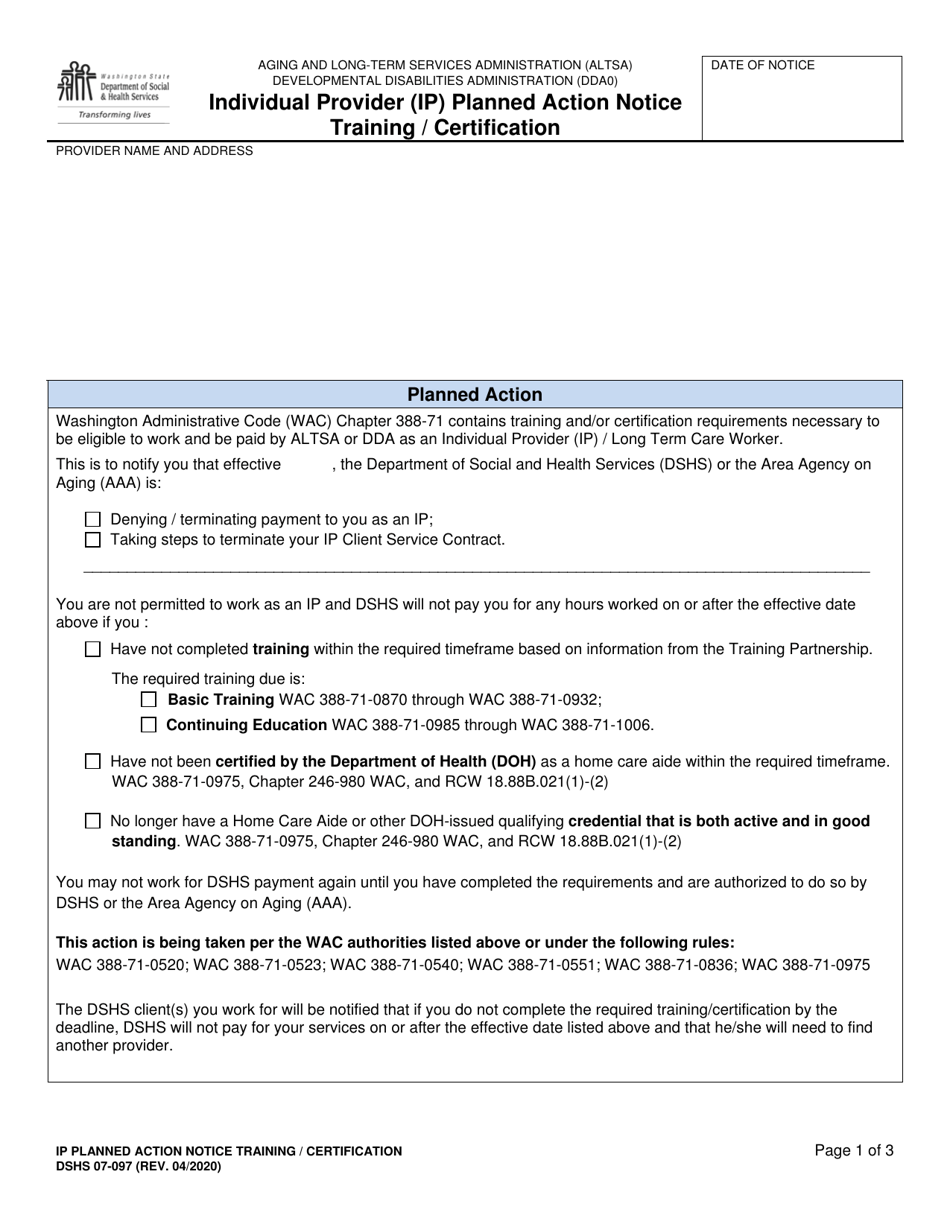 DSHS Form 07-097 Individual Provider (Ip) Planned Action Notice Training / Certification - Washington, Page 1