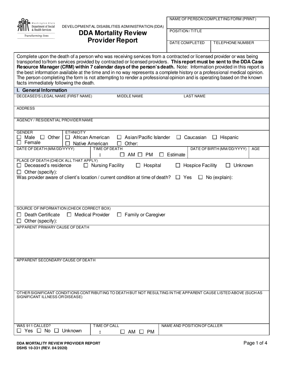 DSHS Form 10-331 Dda Mortality Review Provider Report - Washington, Page 1