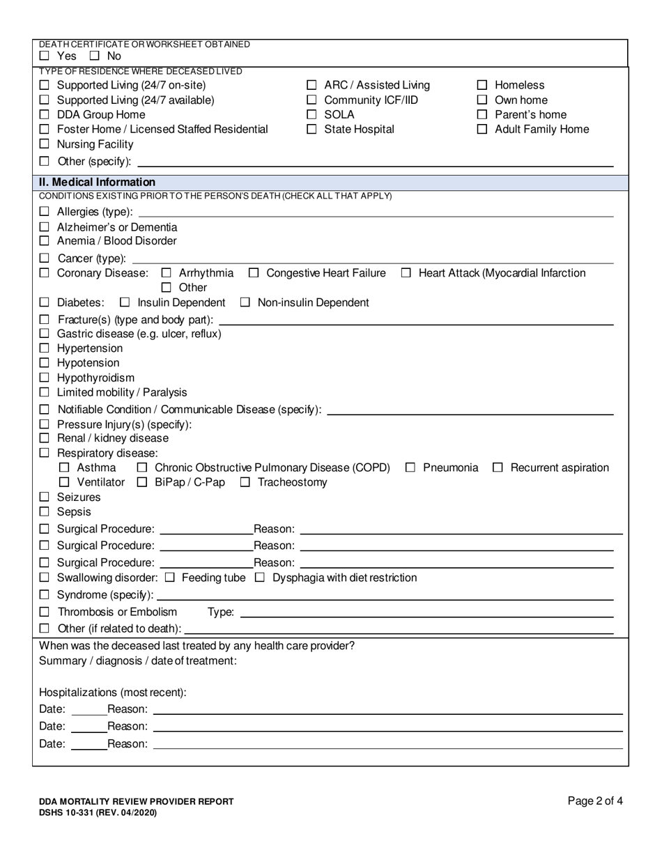 DSHS Form 10-331 Download Printable PDF or Fill Online Dda Mortality ...