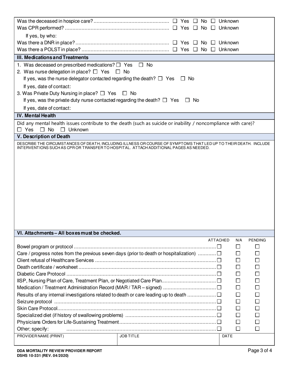 DSHS Form 10-331 Dda Mortality Review Provider Report - Washington, Page 3
