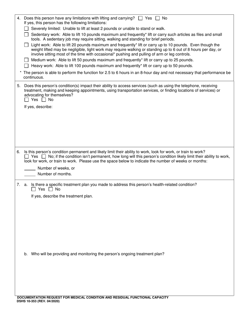 DSHS Form 10-353 Documentation Request for Medical Condition and Residual Functional Capacity - Washington, Page 3