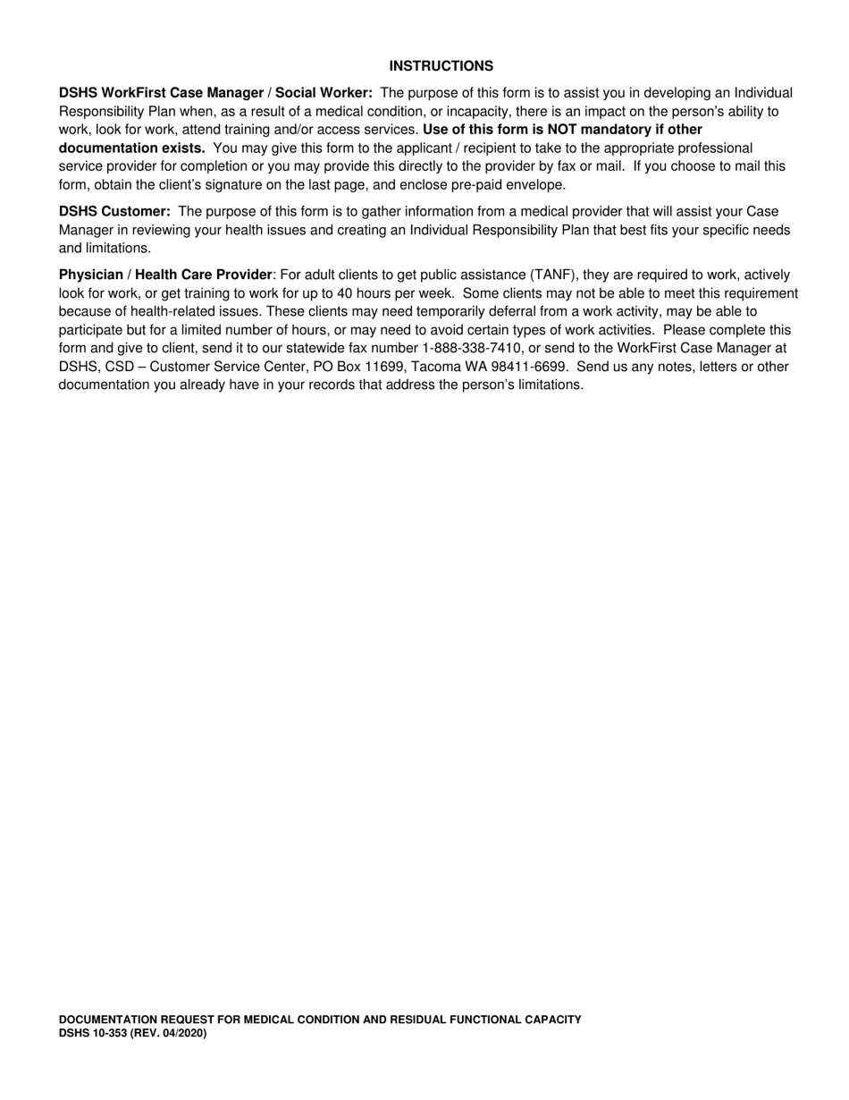 DSHS Form 10-353 Documentation Request for Medical Condition and Residual Functional Capacity - Washington, Page 5
