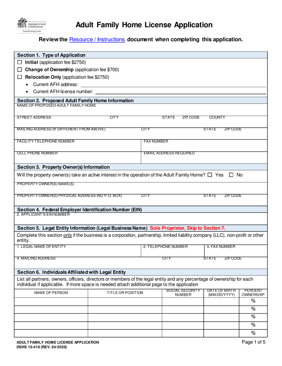 DSHS Form 10-410 Adult Family Home License Application - Washington, Page 1