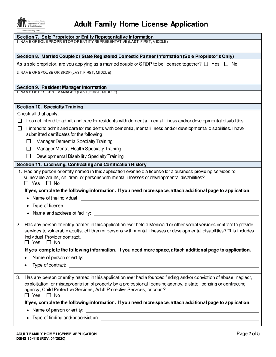 DSHS Form 10-410 Adult Family Home License Application - Washington, Page 2