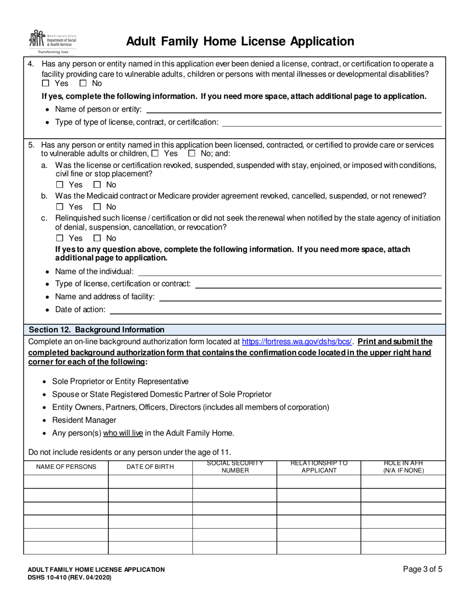 DSHS Form 10-410 Adult Family Home License Application - Washington, Page 3