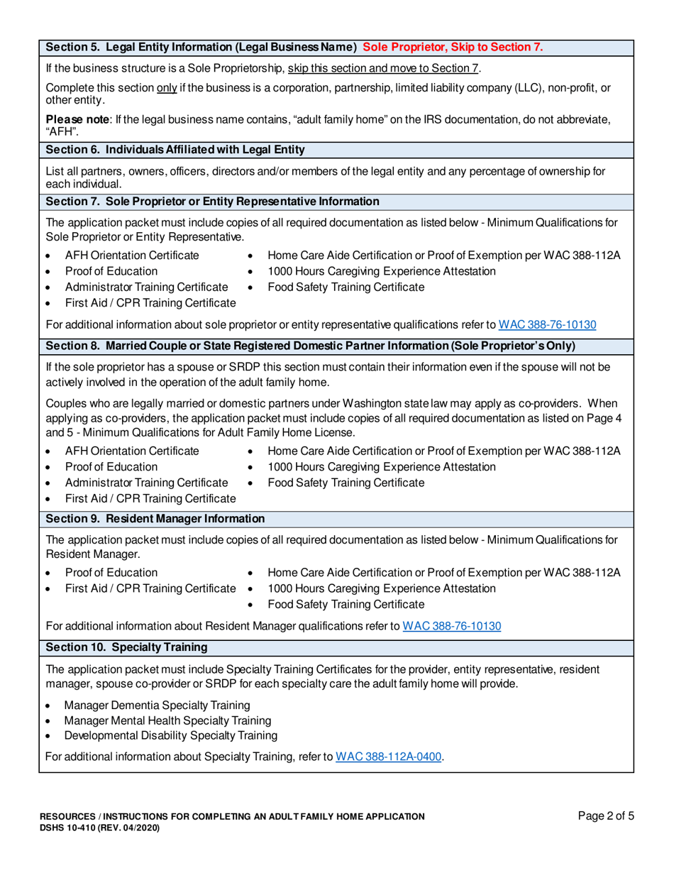 Instructions for DSHS Form 10-410 Adult Family Home License Application - Washington, Page 2