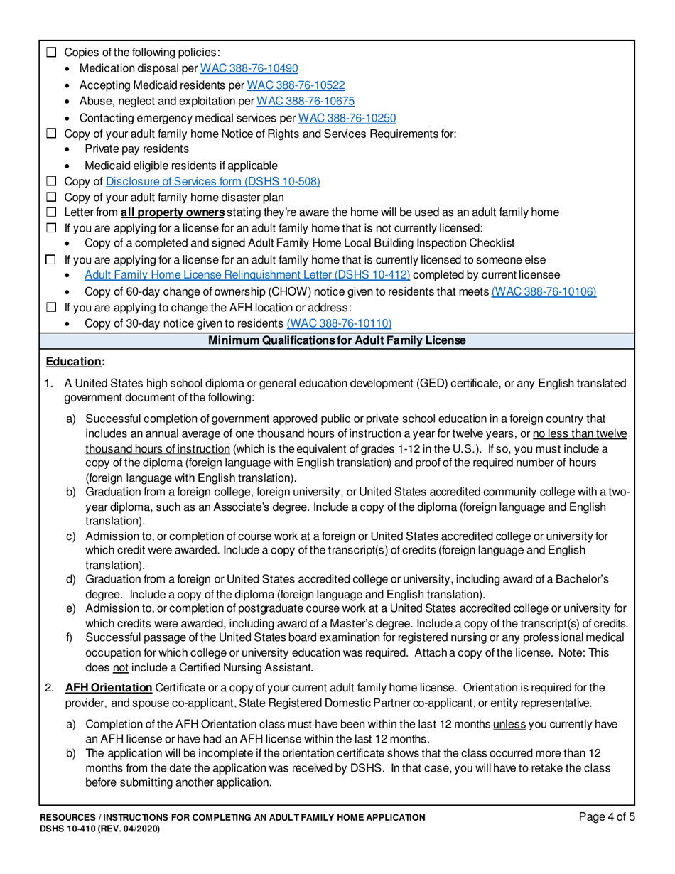Instructions for DSHS Form 10-410 Adult Family Home License Application - Washington, Page 4