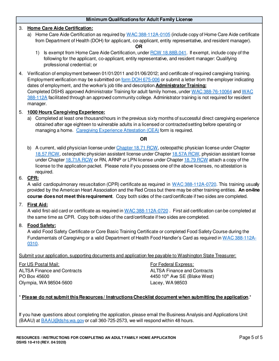 Instructions for DSHS Form 10-410 Adult Family Home License Application - Washington, Page 5