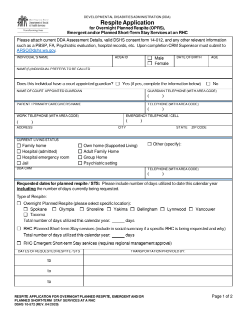 DSHS Form 10-572  Printable Pdf