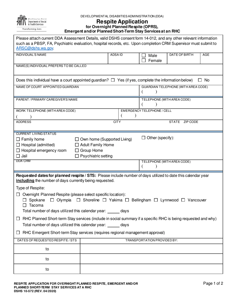 DSHS Form 10-572 Respite Application for Overnight Planned Respite (Oprs), Emergent and / or Planned Short-Term Stay Services at an Rhc - Washington, Page 1