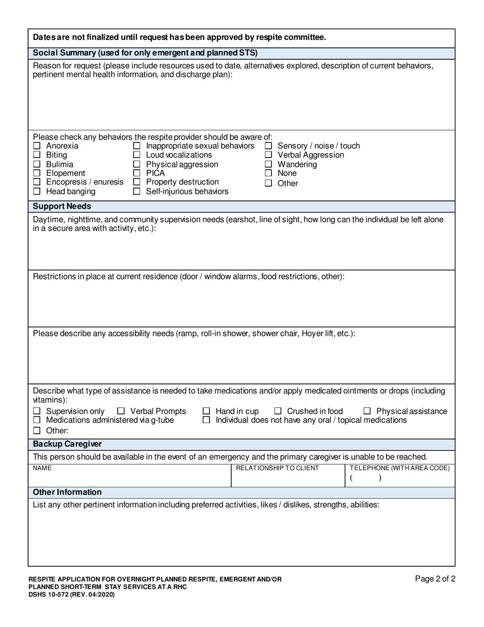 DSHS Form 10-572 Respite Application for Overnight Planned Respite (Oprs), Emergent and / or Planned Short-Term Stay Services at an Rhc - Washington, Page 2
