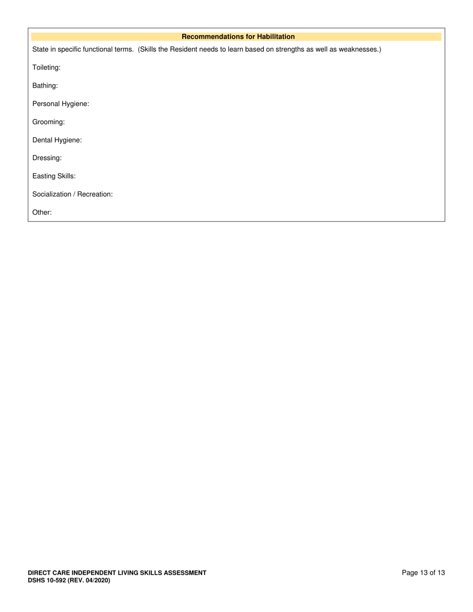 DSHS Form 10-592 Comprehensive Functional Assessment of Direct Care Independent Living Skills - Washington, Page 13