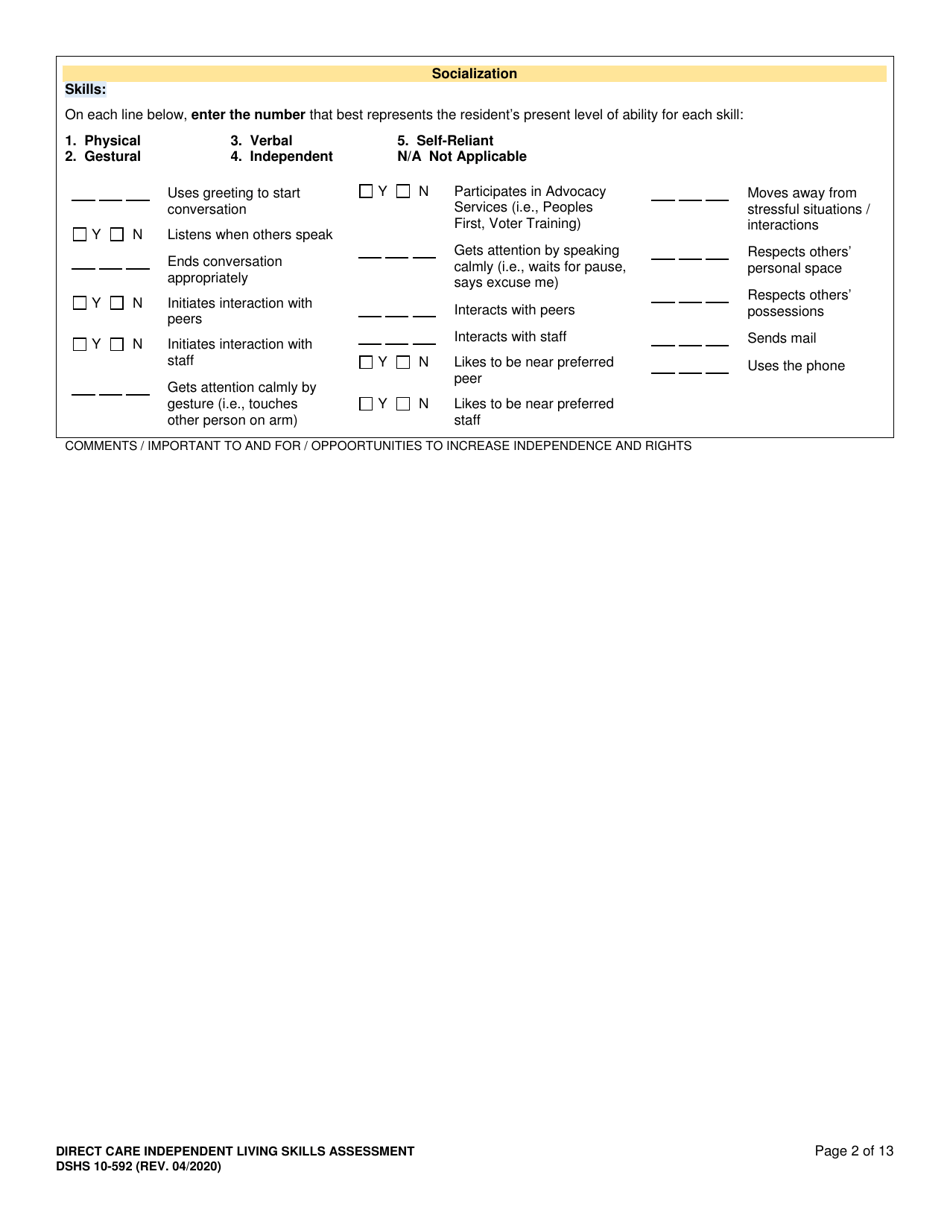 DSHS Form 10-592 Comprehensive Functional Assessment of Direct Care Independent Living Skills - Washington, Page 2