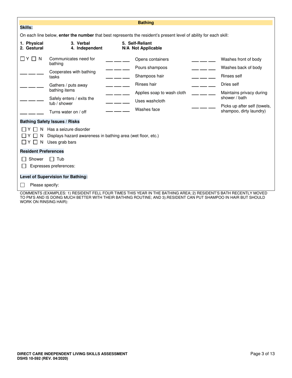 DSHS Form 10-592 Comprehensive Functional Assessment of Direct Care Independent Living Skills - Washington, Page 3