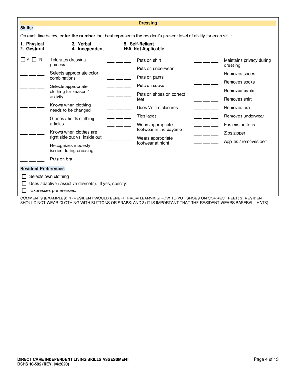 DSHS Form 10-592 Comprehensive Functional Assessment of Direct Care Independent Living Skills - Washington, Page 4