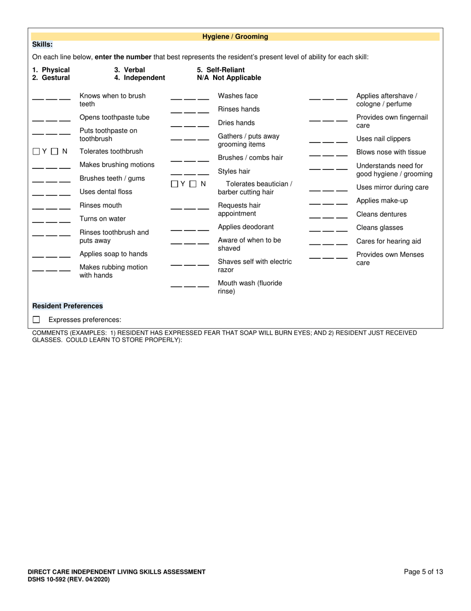 DSHS Form 10-592 Comprehensive Functional Assessment of Direct Care Independent Living Skills - Washington, Page 5
