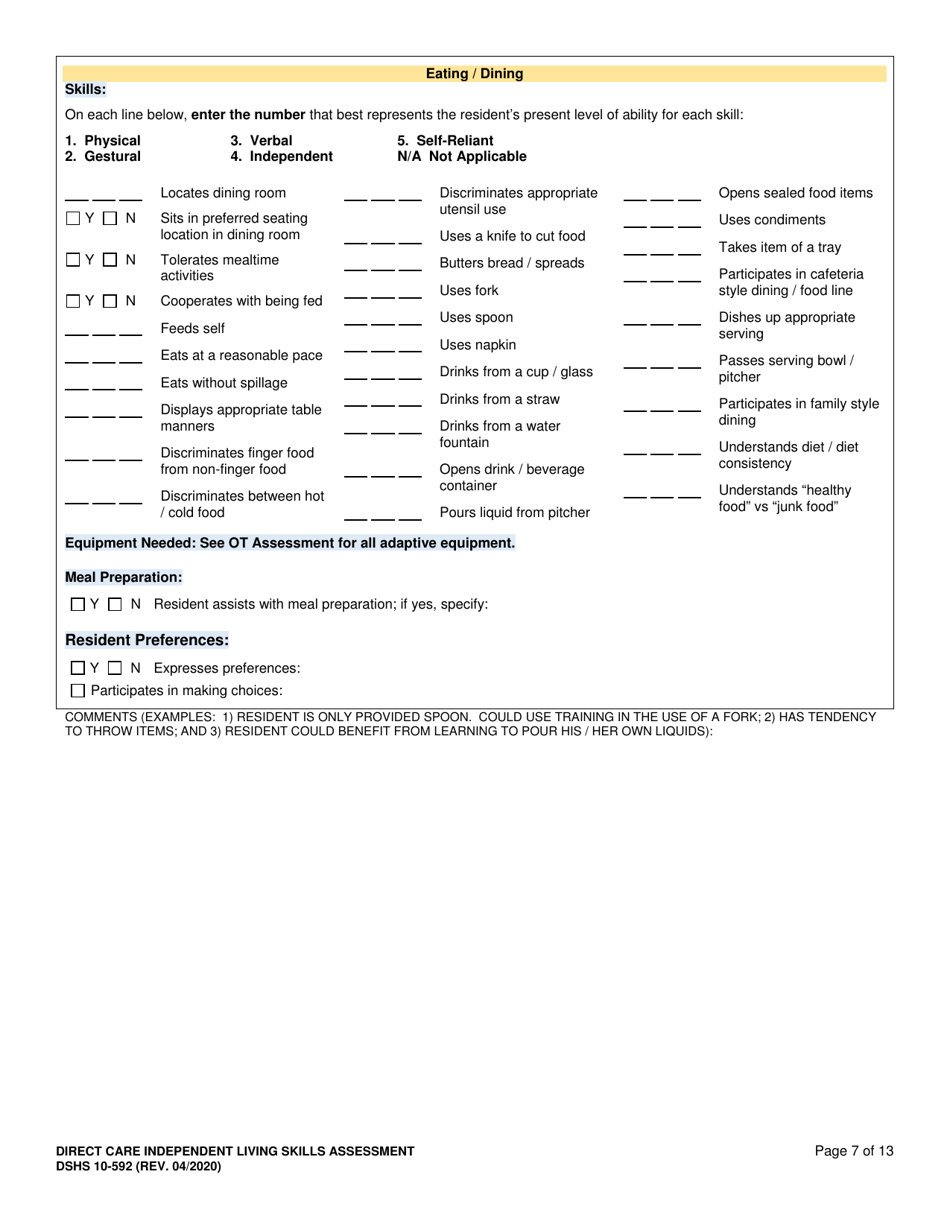 DSHS Form 10-592 Comprehensive Functional Assessment of Direct Care Independent Living Skills - Washington, Page 7