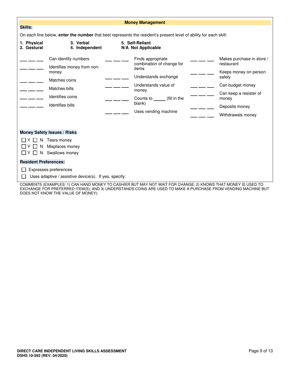 DSHS Form 10-592 Comprehensive Functional Assessment of Direct Care Independent Living Skills - Washington, Page 9