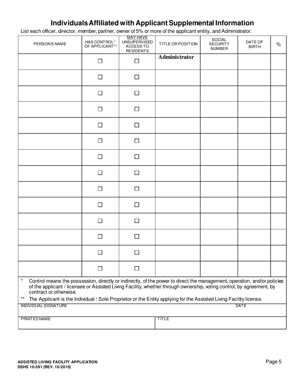 DSHS Form 10-591 Assisted Living Facility License Application - Washington, Page 6