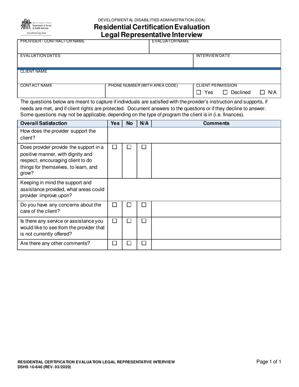 DSHS Form 10-646 Residential Certification Evaluation Legal Representative Interview - Washington, Page 1