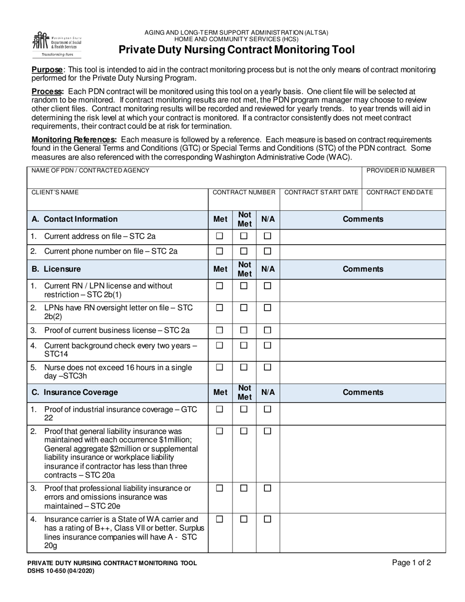 DSHS Form 10-650 Private Duty Nursing Contract Monitoring Tool - Washington, Page 1