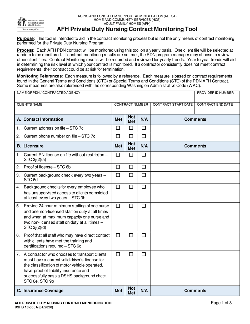 DSHS Form 10-650A Afh Private Duty Nursing Contract Monitoring Tool - Washington, Page 1