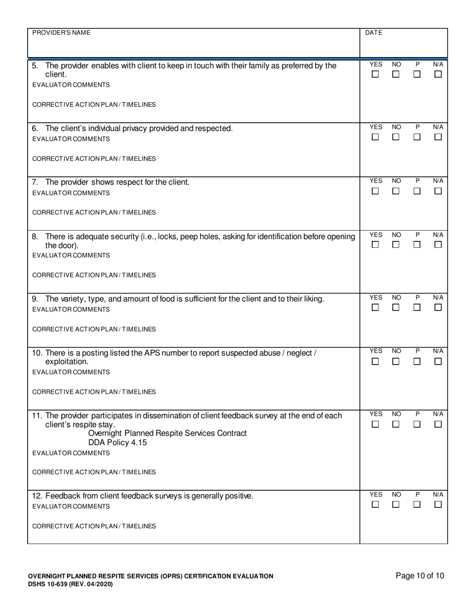 DSHS Form 10-639 Overnight Planned Respite Services (Oprs) Certification Evaluation - Washington, Page 10