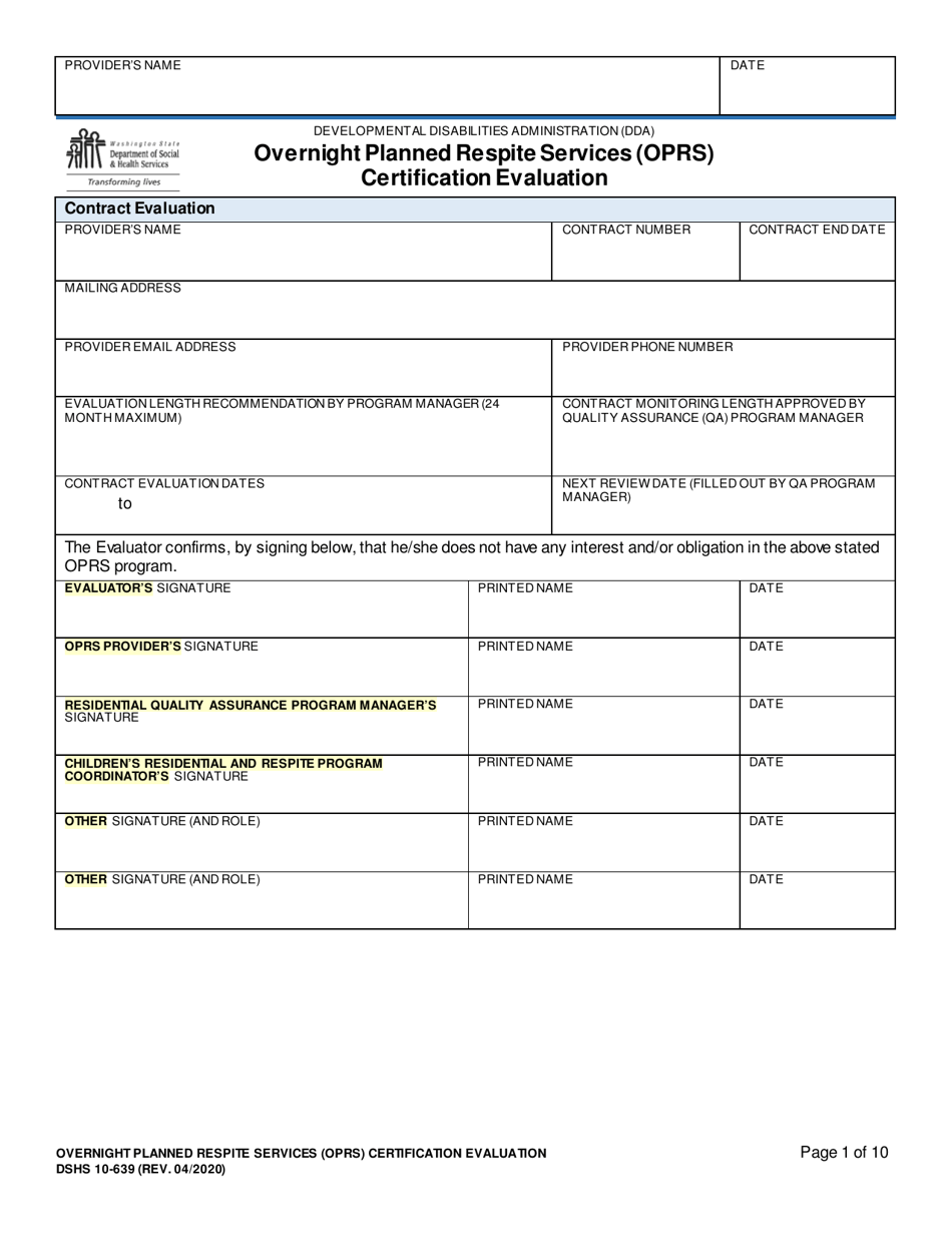 DSHS Form 10-639 Overnight Planned Respite Services (Oprs) Certification Evaluation - Washington, Page 1