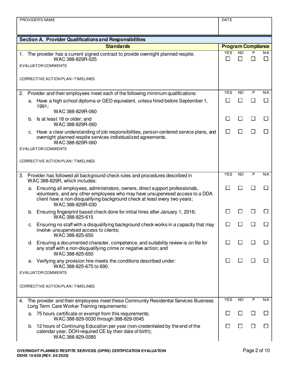 DSHS Form 10-639 Overnight Planned Respite Services (Oprs) Certification Evaluation - Washington, Page 2