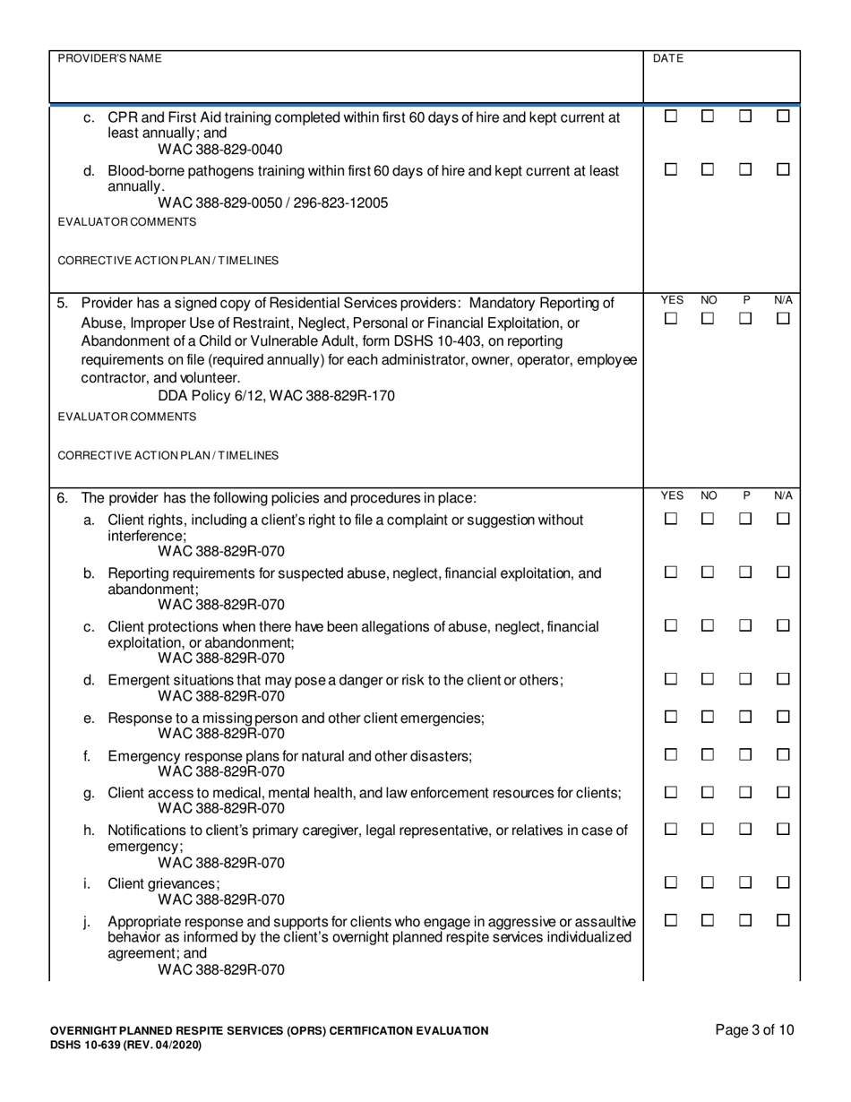 DSHS Form 10-639 Overnight Planned Respite Services (Oprs) Certification Evaluation - Washington, Page 3