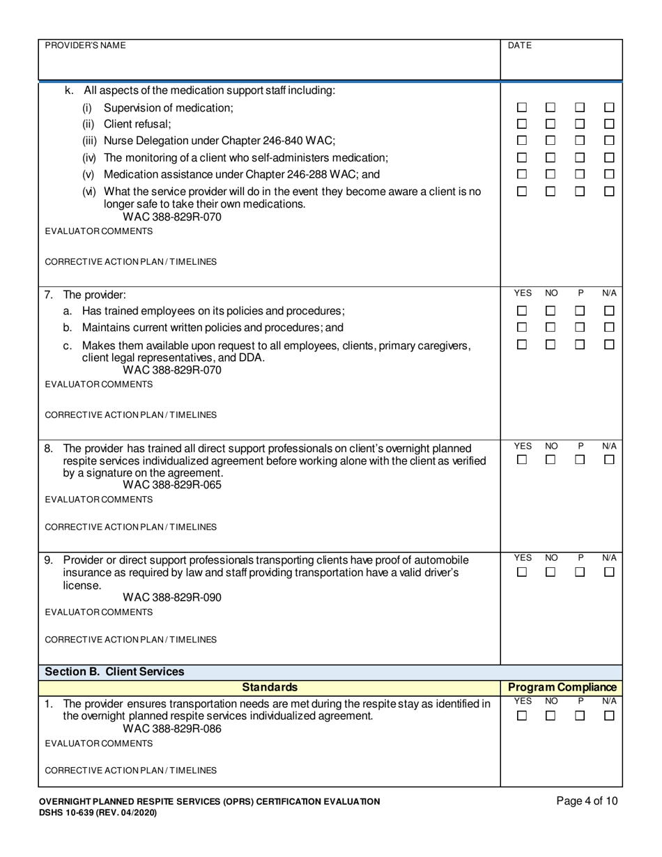 DSHS Form 10-639 Overnight Planned Respite Services (Oprs) Certification Evaluation - Washington, Page 4