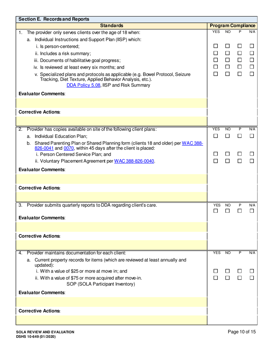 DSHS Form 10-649 Childrens State Operated Living Alternatives (Sola) Review and Evaluation - Washington, Page 10