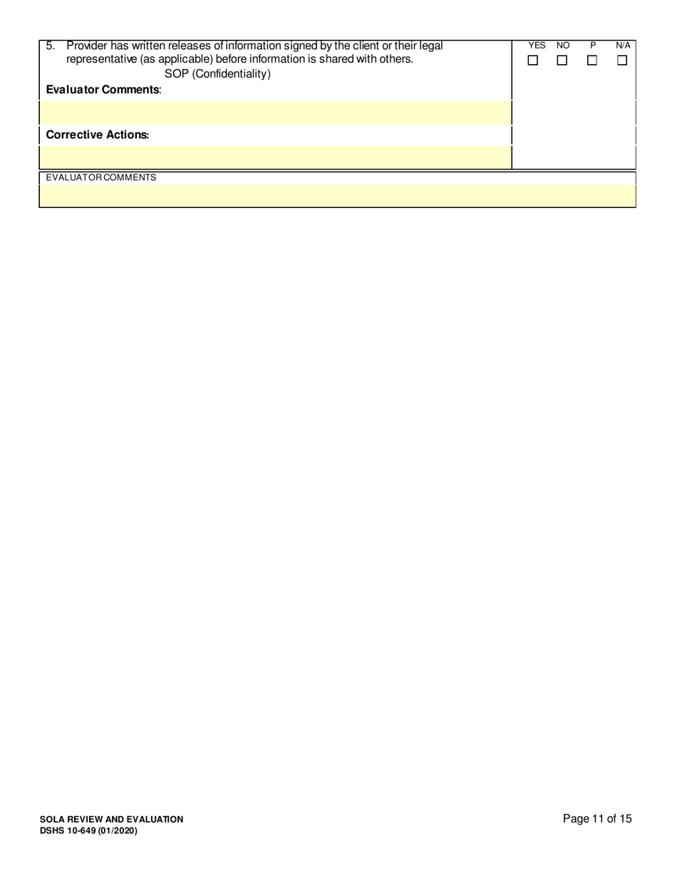 DSHS Form 10-649 Childrens State Operated Living Alternatives (Sola) Review and Evaluation - Washington, Page 11