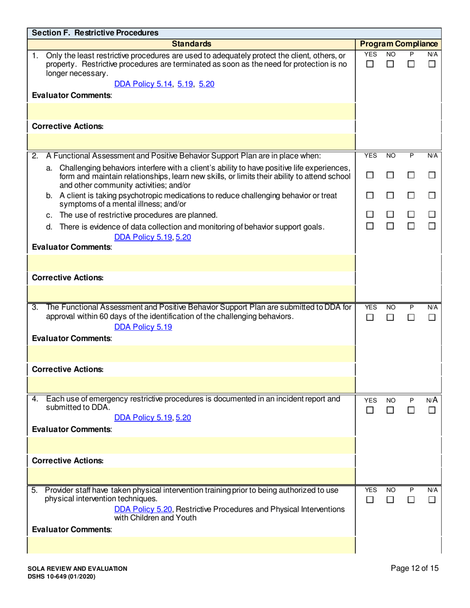 DSHS Form 10-649 Childrens State Operated Living Alternatives (Sola) Review and Evaluation - Washington, Page 12