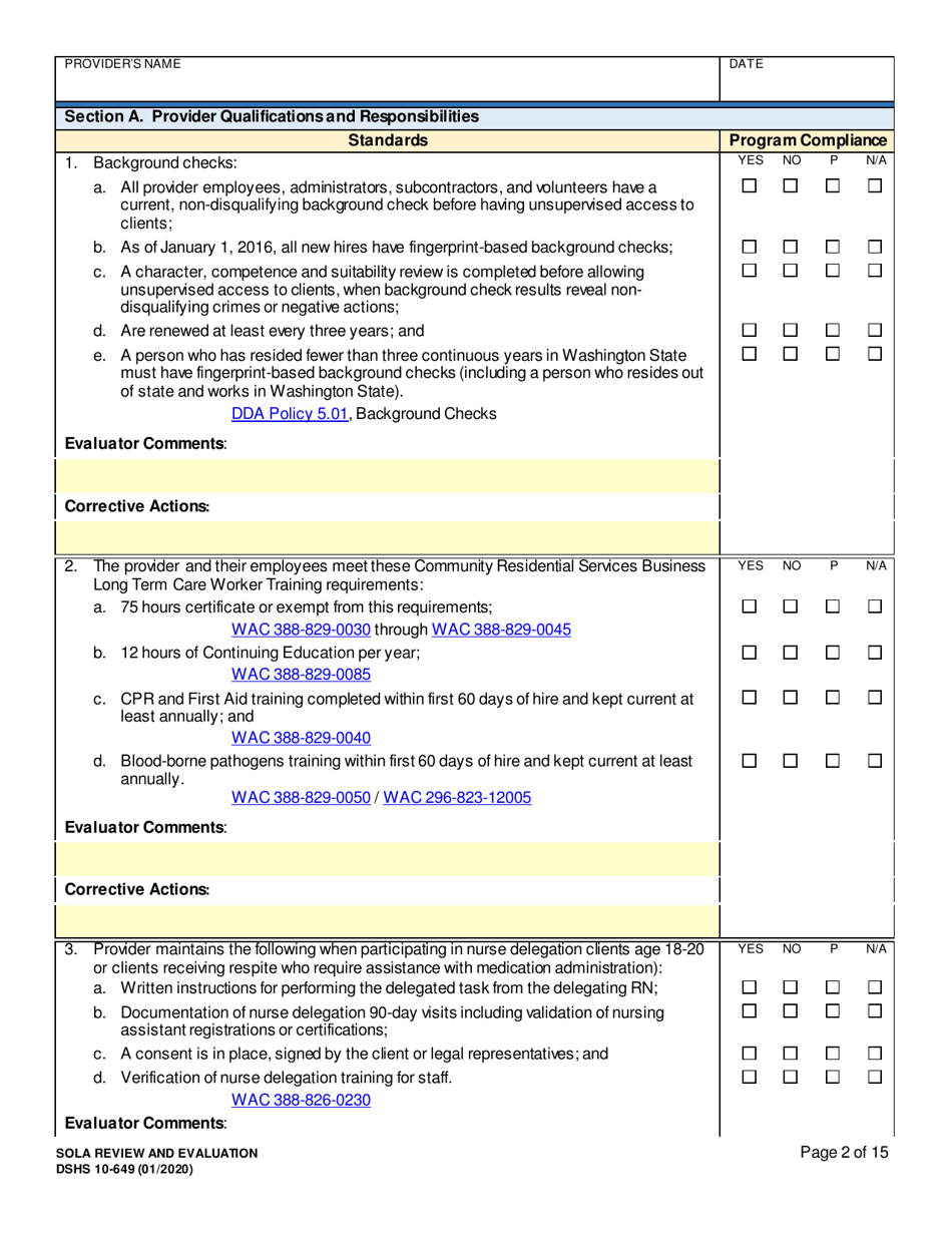 DSHS Form 10-649 Childrens State Operated Living Alternatives (Sola) Review and Evaluation - Washington, Page 2