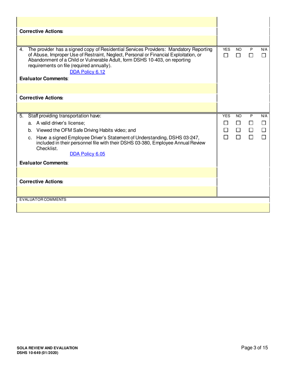 DSHS Form 10-649 Childrens State Operated Living Alternatives (Sola) Review and Evaluation - Washington, Page 3
