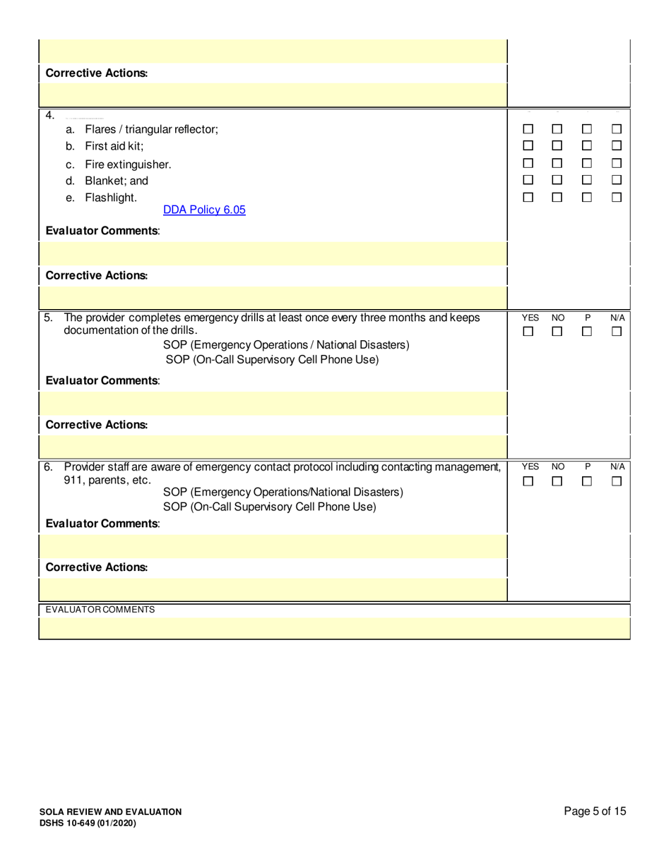 DSHS Form 10-649 Childrens State Operated Living Alternatives (Sola) Review and Evaluation - Washington, Page 5