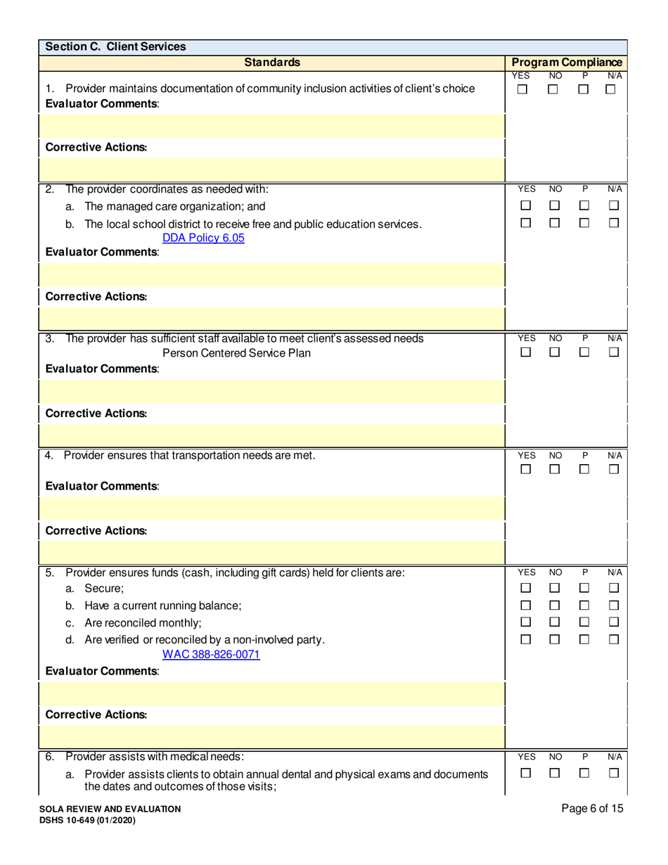 DSHS Form 10-649 Childrens State Operated Living Alternatives (Sola) Review and Evaluation - Washington, Page 6