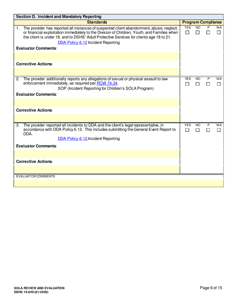 DSHS Form 10-649 Childrens State Operated Living Alternatives (Sola) Review and Evaluation - Washington, Page 9